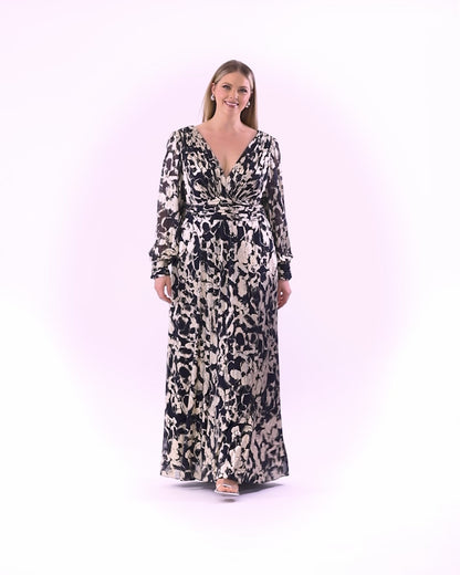 Plus "Annabelle" Metallic Foil Long Mesh Sleeve Dress - Navy/Gold | Betsy & Adam