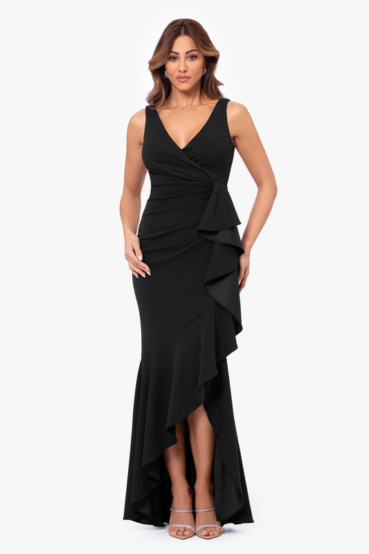 Petite "Candace" V-Neck Hi Low Cascade Dress - Black | Betsy & Adam