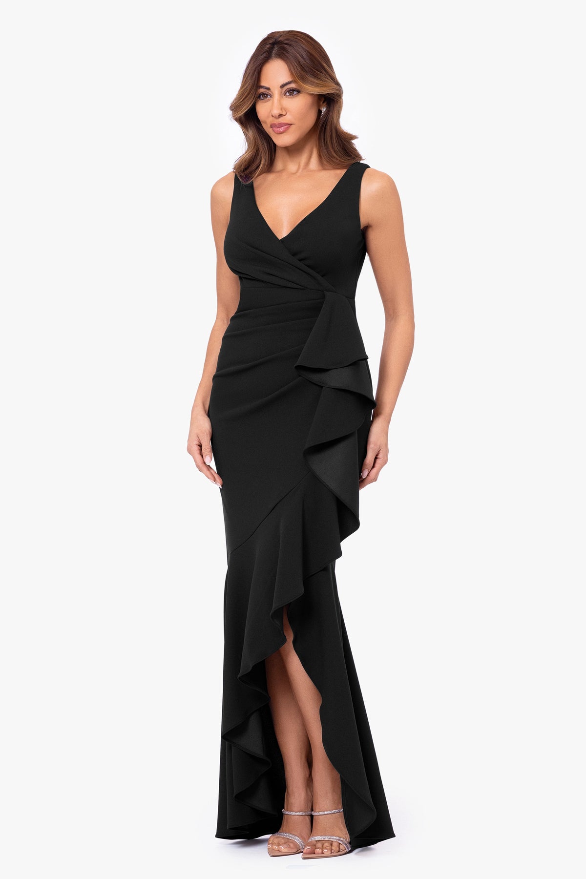 Petite "Candace" V-Neck Hi Low Cascade Dress - Black | Betsy & Adam