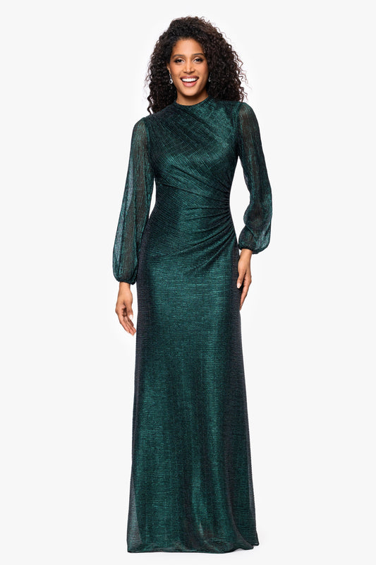 Petite "Jayline" Metallic Long Sleeve Dress - Black/Emerald | Betsy & Adam