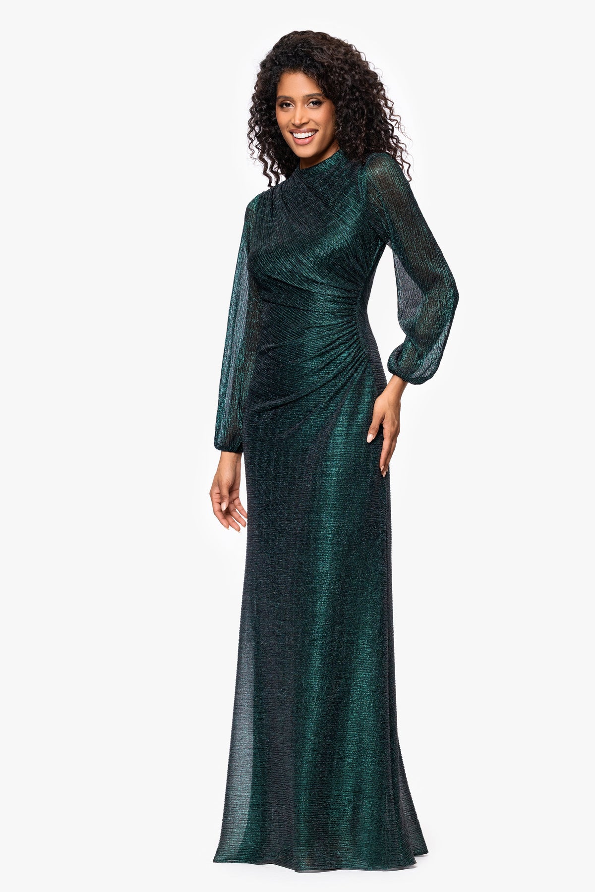 Petite "Jayline" Metallic Long Sleeve Dress - Black/Emerald | Betsy & Adam