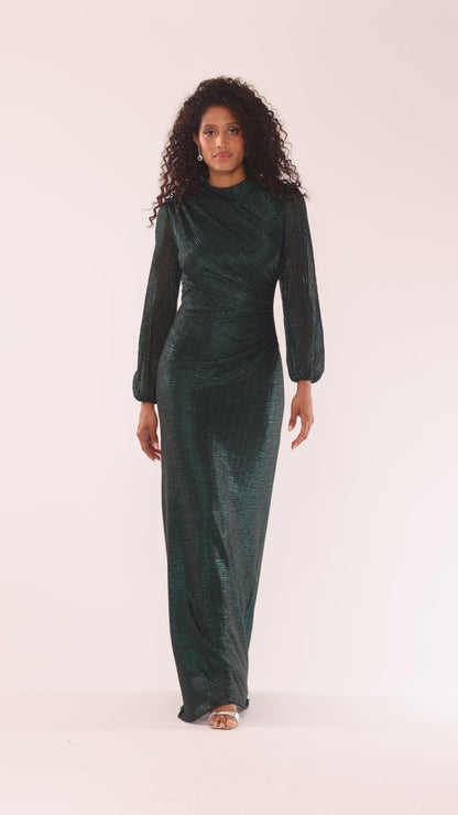 Petite "Jayline" Metallic Long Sleeve Dress - Black/Emerald | Betsy & Adam