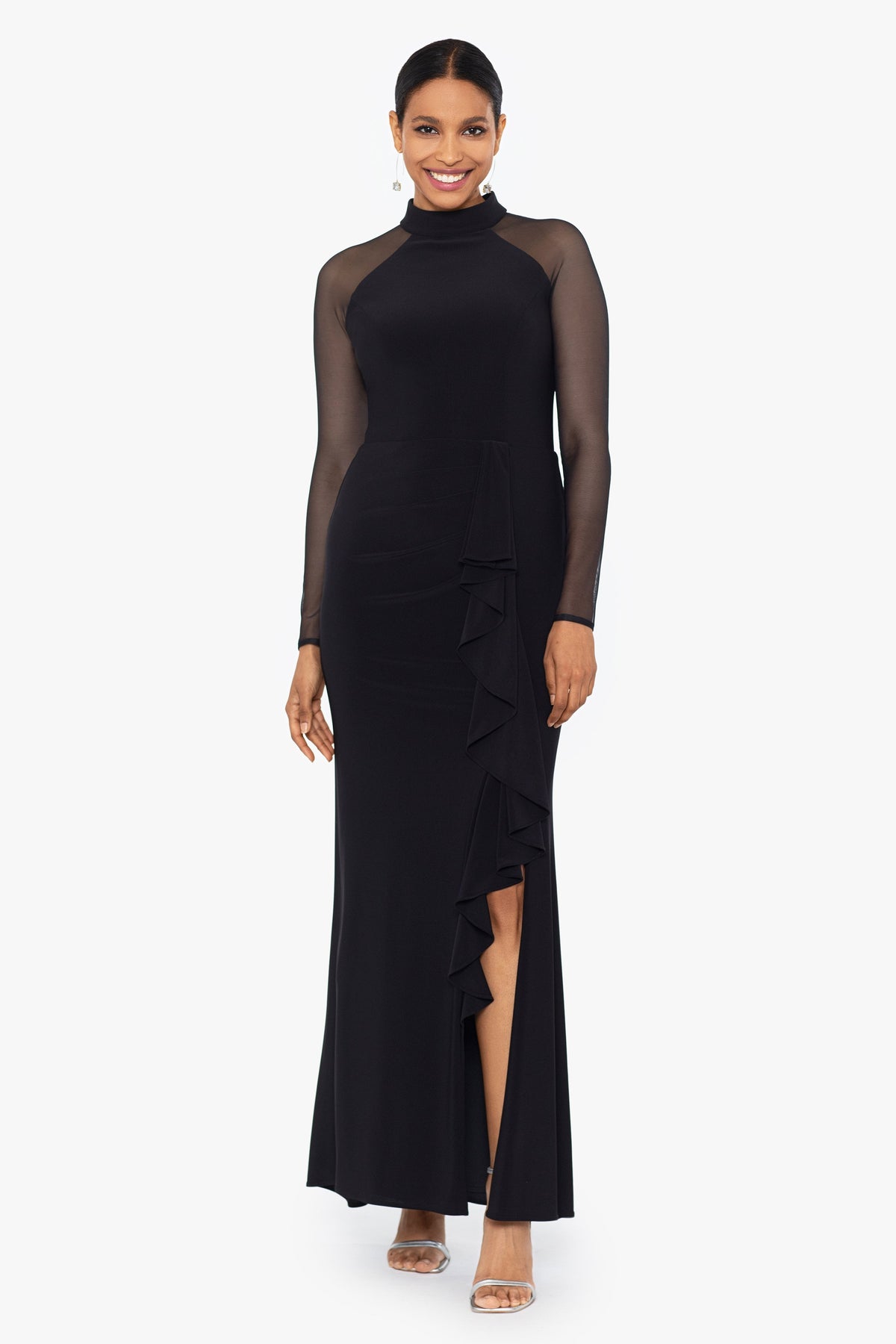 "Natalie" Scuba Crepe Mesh Sleeve Dress - Black | Betsy & Adam