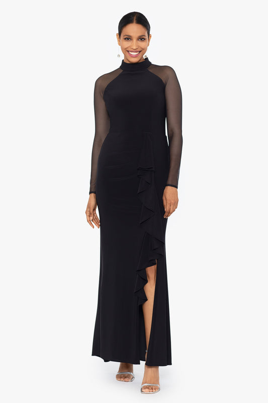 "Natalie" Scuba Crepe Mesh Sleeve Dress - Black | Betsy & Adam