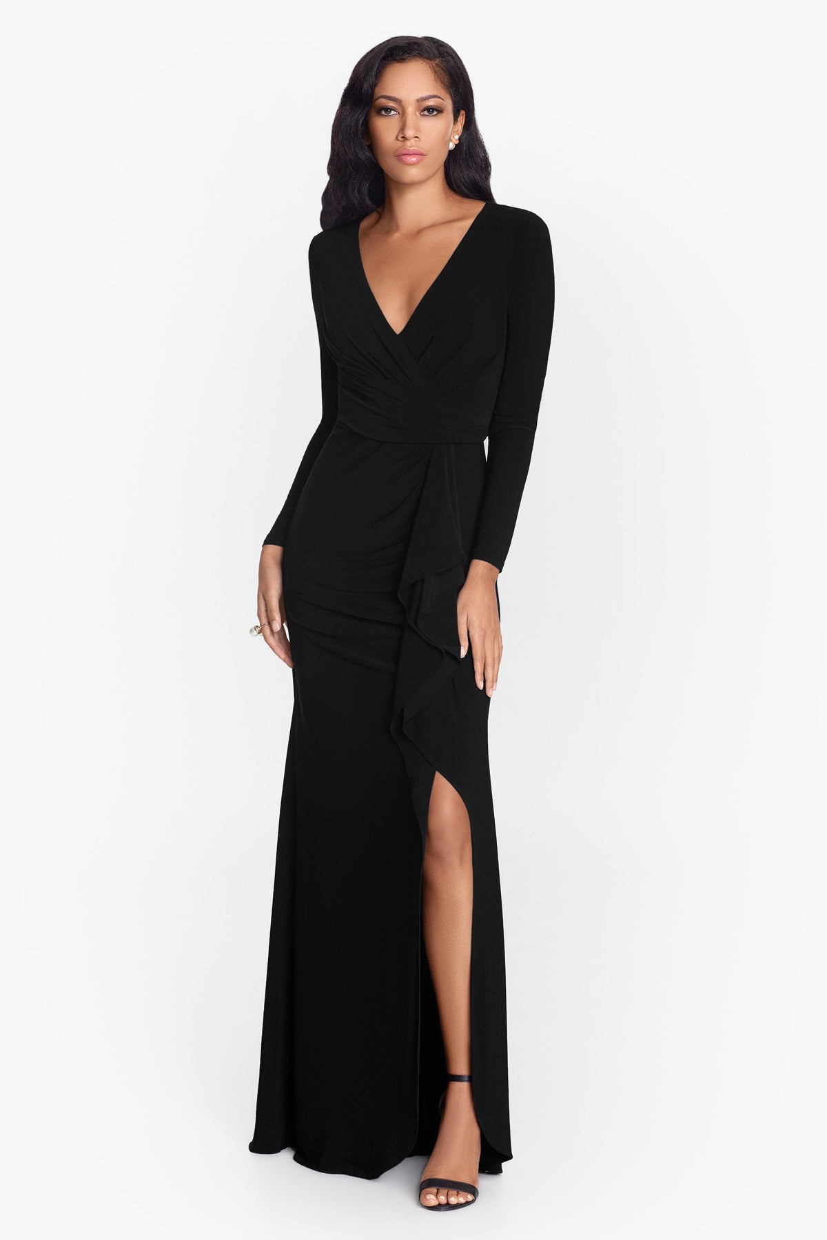"Elle" Jersey Knit Long Sleeve Side Slit Dress - Black | Betsy & Adam