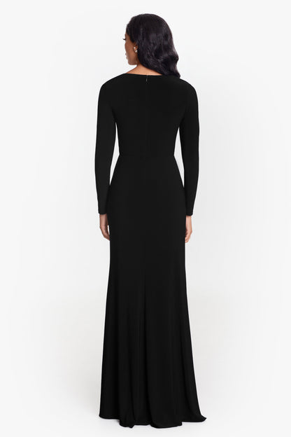 "Elle" Jersey Knit Long Sleeve Side Slit Dress - Black | Betsy & Adam