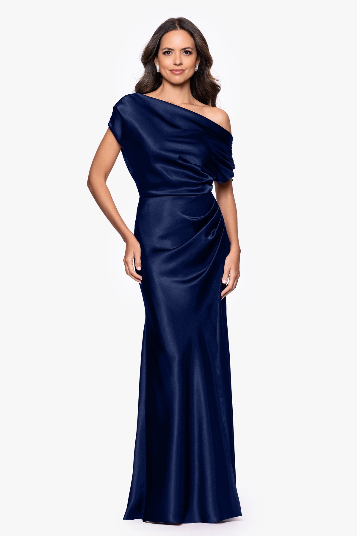 Petite “Sofia” Satin Drop Shoulder Dress - Navy | Betsy & Adam