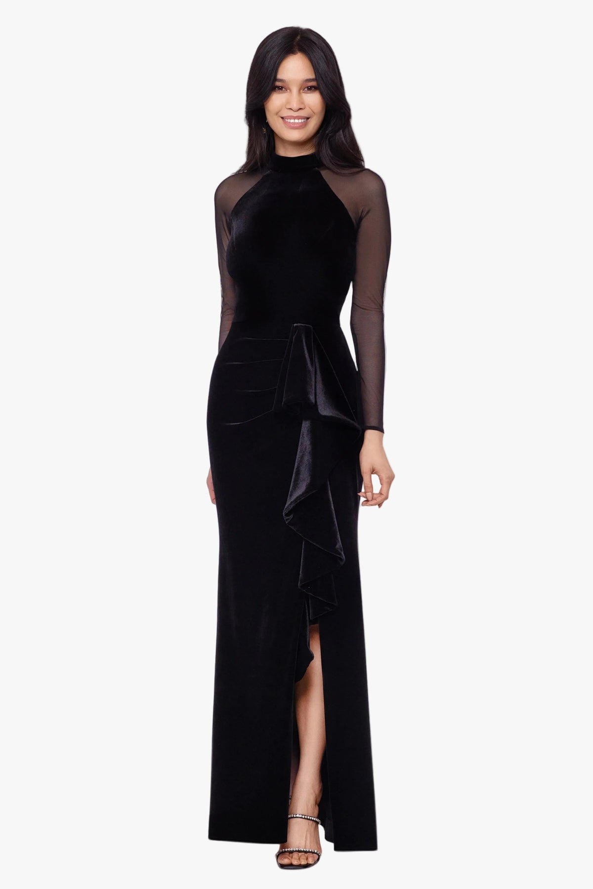 Petite "Valentina" Velvet Mesh Illusion Sleeve Dress - Black | Betsy & Adam
