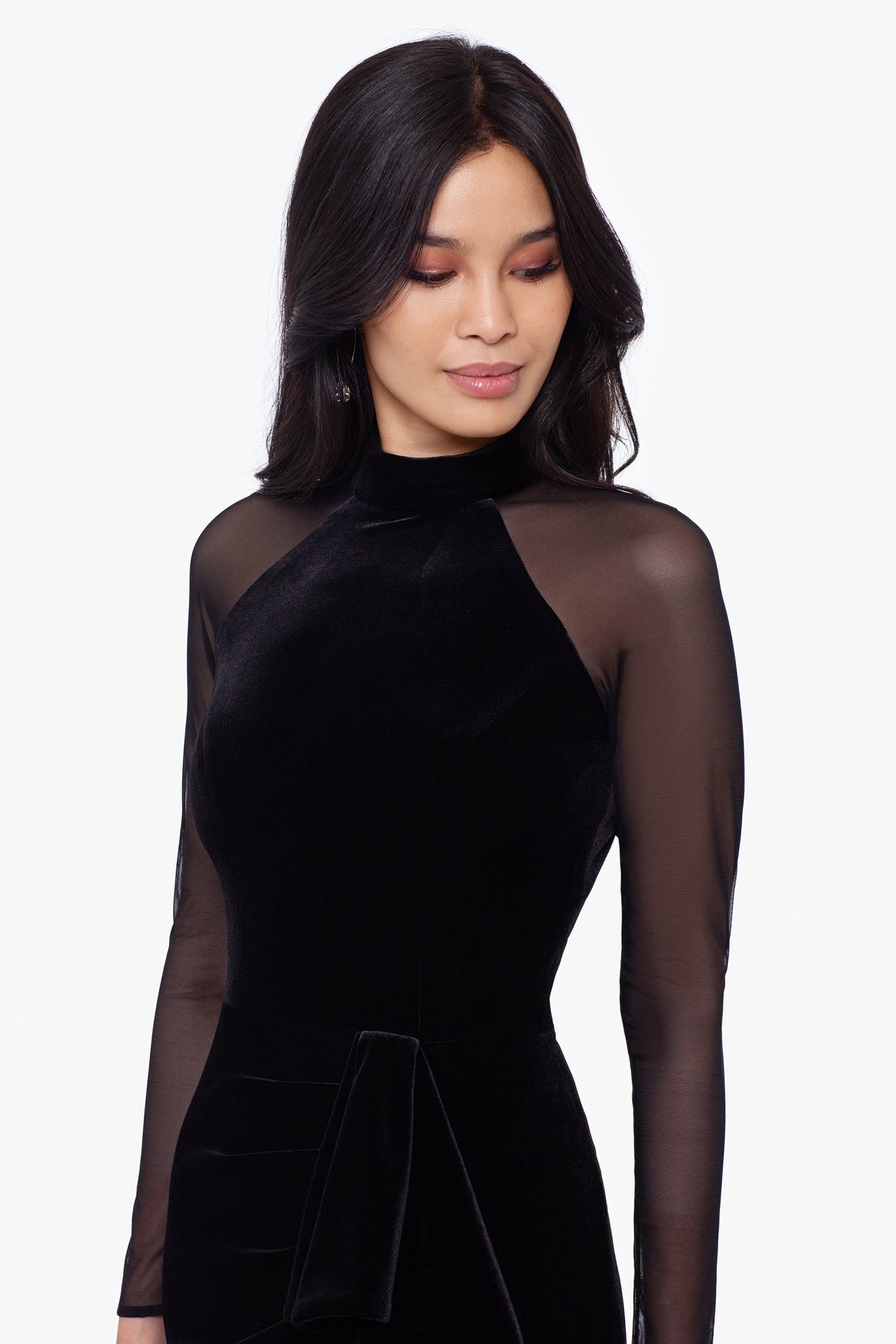 Petite "Valentina" Velvet Mesh Illusion Sleeve Dress - Black | Betsy & Adam