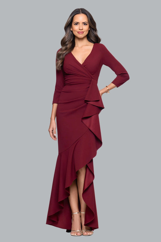"Pauline" Scuba Crepe 3/4 Sleeve Ruffle Dress - Bordeaux | Betsy & Adam