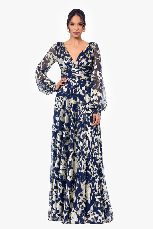"Annabelle" Metallic Foil Long Mesh Sleeve Dress - Navy/Gold | Betsy & Adam