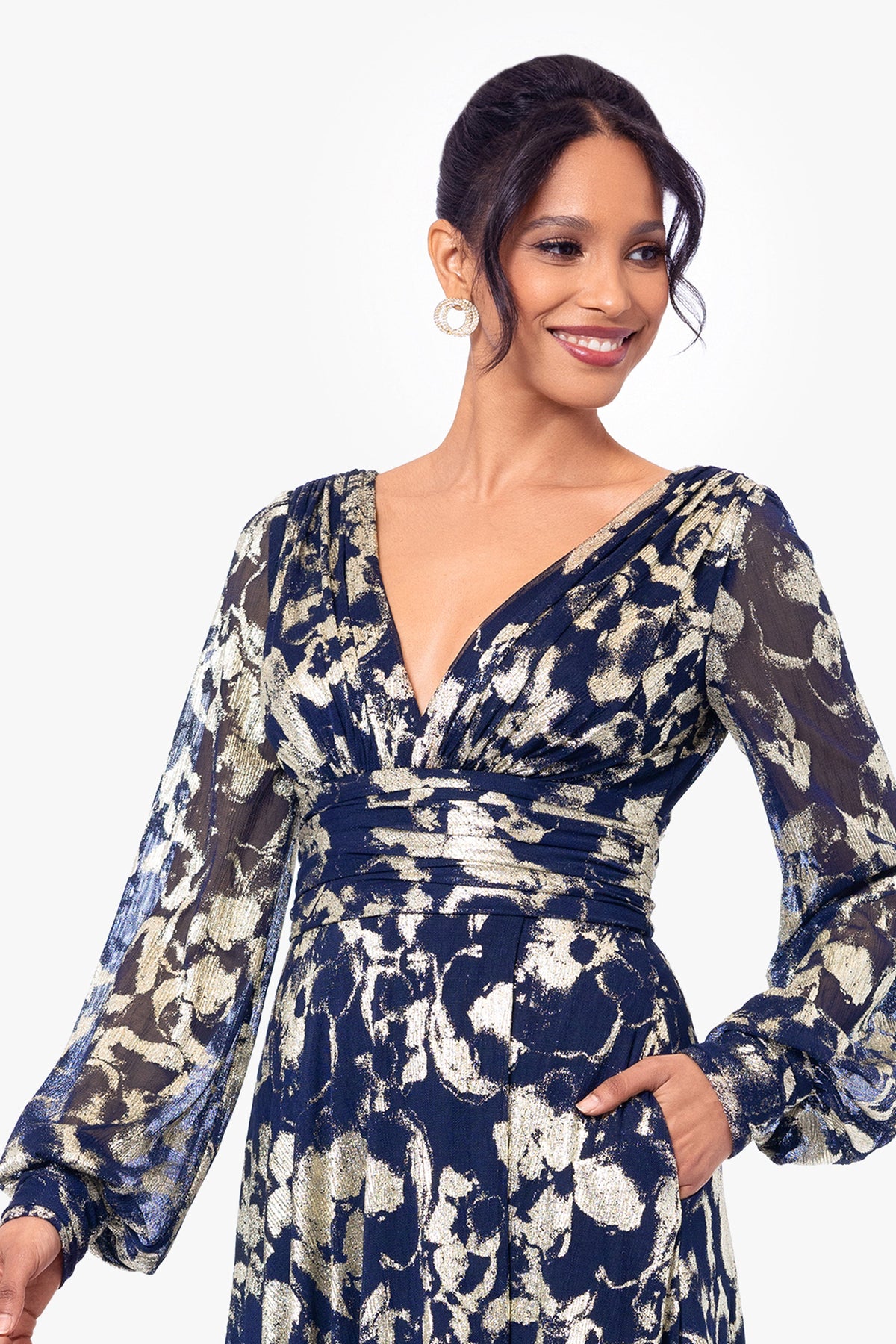 "Annabelle" Metallic Foil Long Mesh Sleeve Dress - Navy/Gold | Betsy & Adam