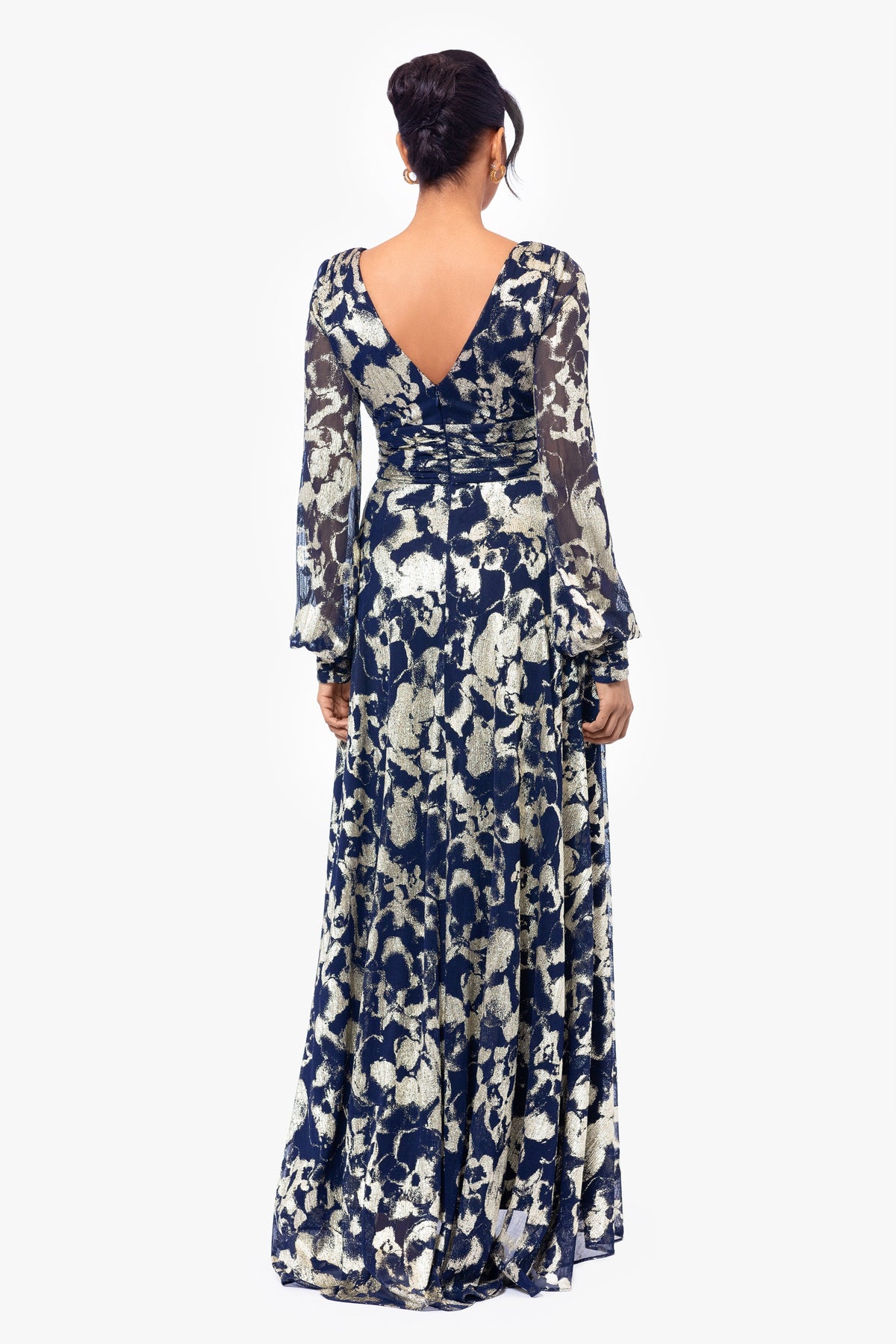 "Annabelle" Metallic Foil Long Mesh Sleeve Dress - Navy/Gold | Betsy & Adam