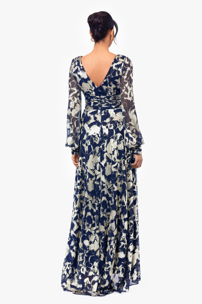 "Annabelle" Metallic Foil Long Mesh Sleeve Dress - Navy/Gold | Betsy & Adam