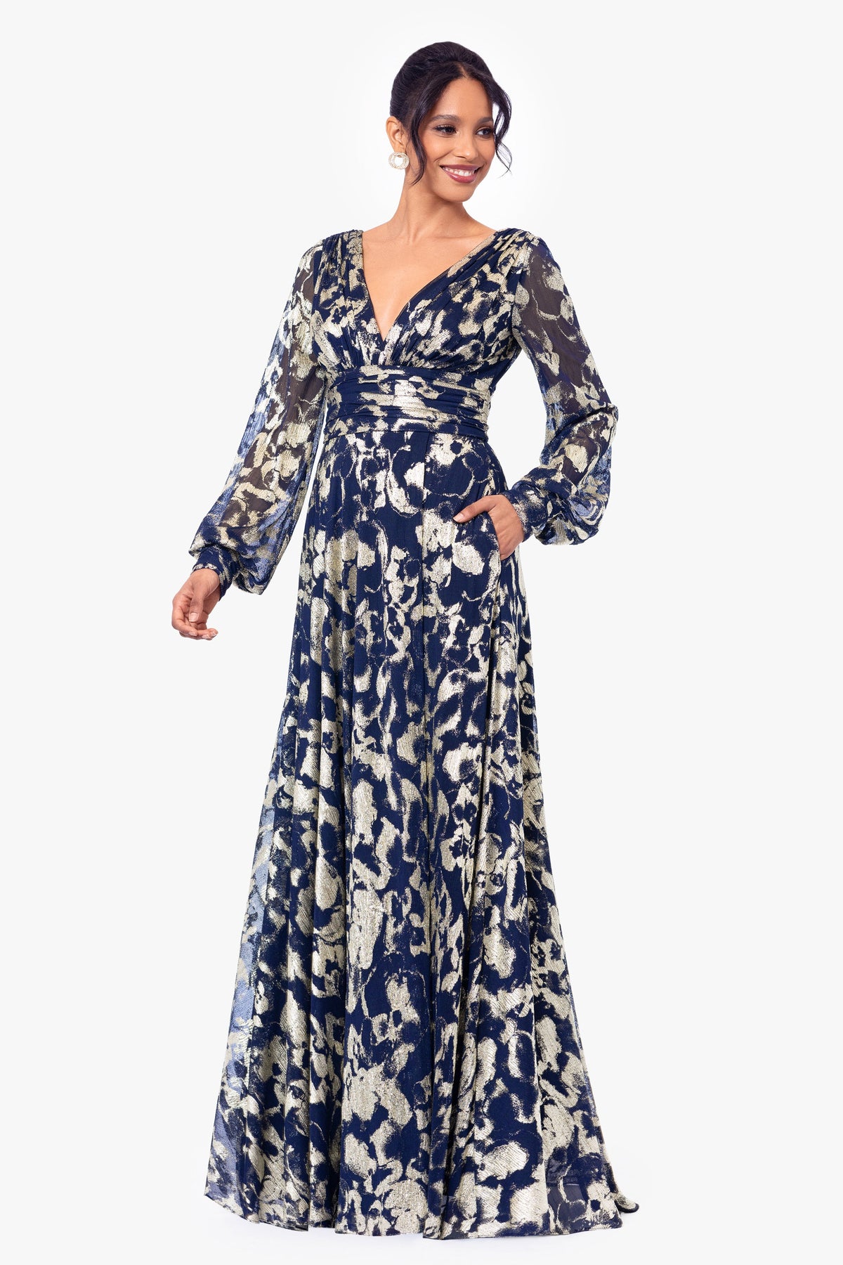 "Annabelle" Metallic Foil Long Mesh Sleeve Dress - Navy/Gold | Betsy & Adam