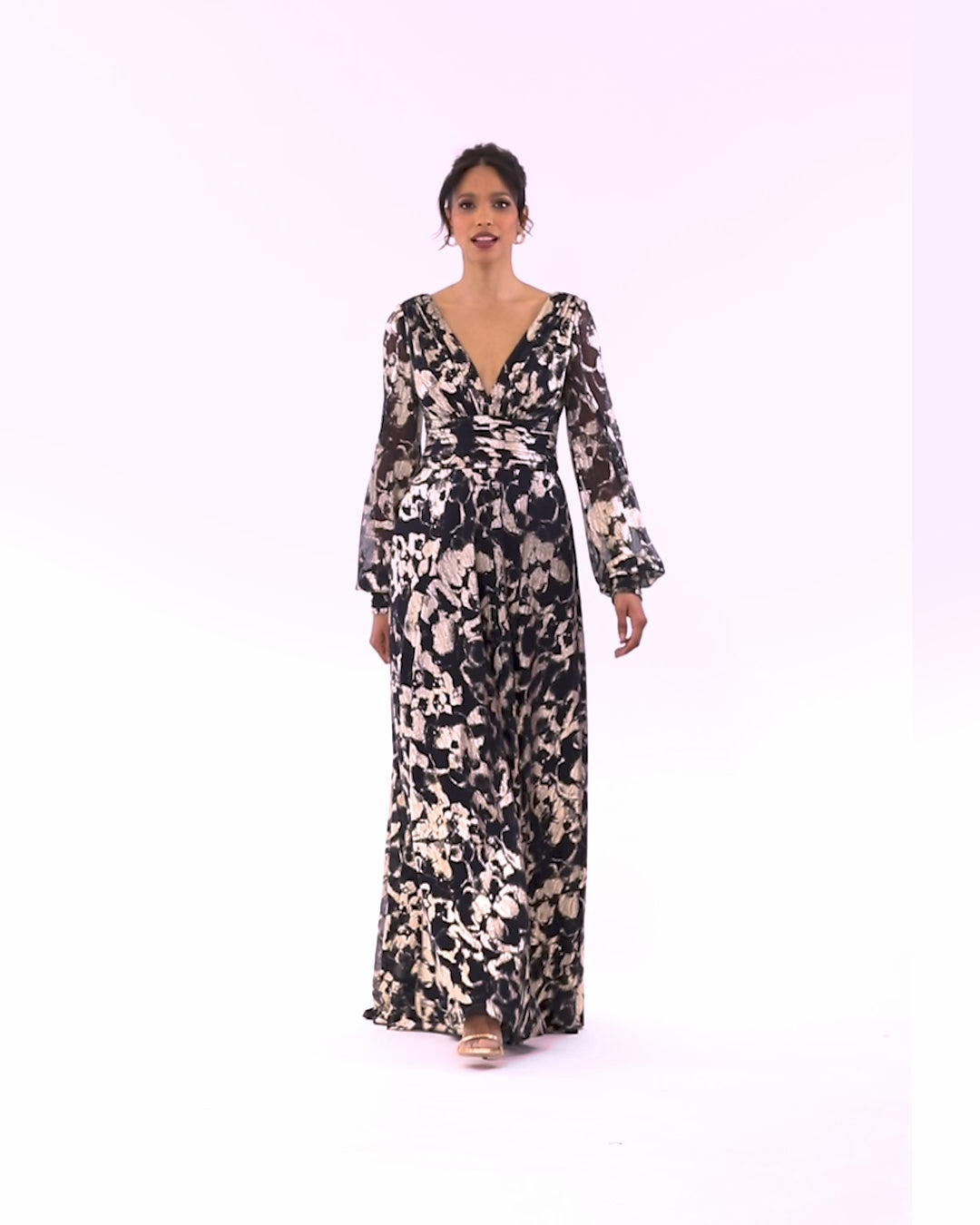 "Annabelle" Metallic Foil Long Mesh Sleeve Dress - Navy/Gold | Betsy & Adam