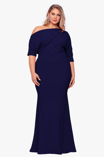 Plus “Madeline” Scuba Crepe Off The Shoulder Dress - Navy | Betsy & Adam