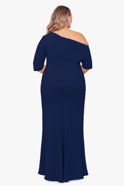 Plus “Madeline” Scuba Crepe Off The Shoulder Dress - Navy | Betsy & Adam