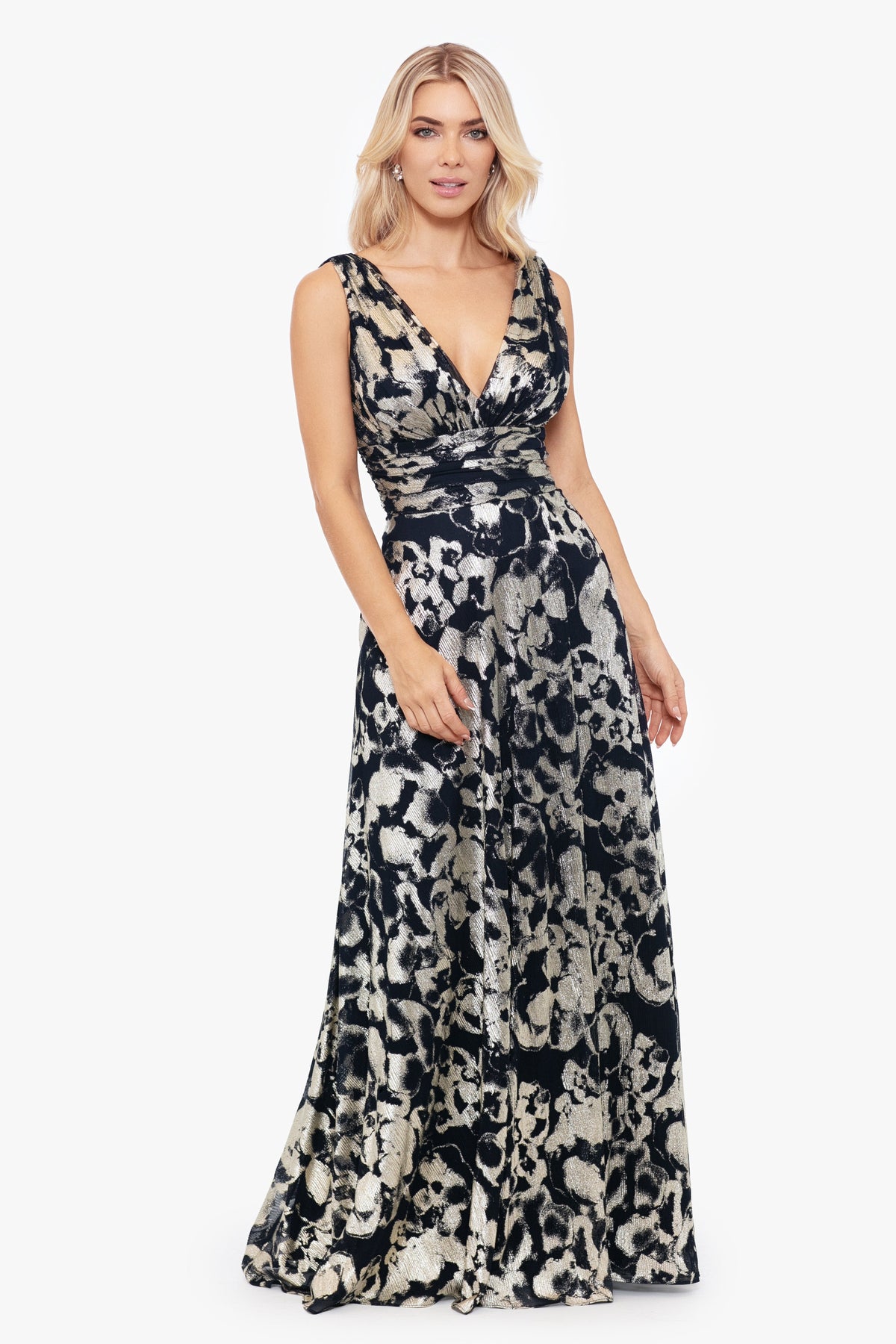 "Maria" Metallic V-Neck Dress - Navy/Gold | Betsy & Adam
