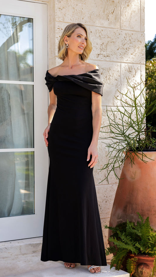 "Michelle" Scuba Crepe Off the Shoulder Taffeta Trim Dress - Black | Betsy & Adam