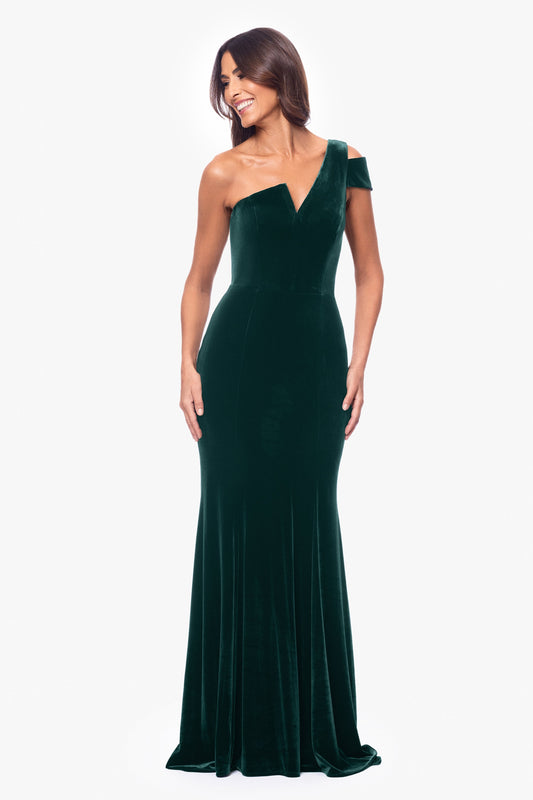 "Ella" Velvet One Shoulder Dress - Hunter | Betsy & Adam