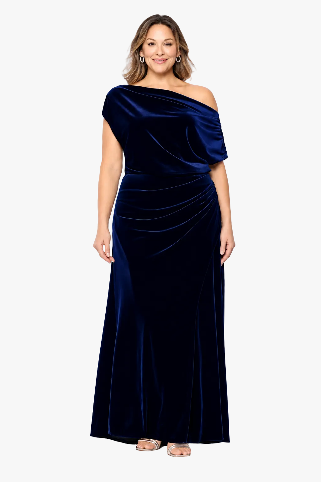 Plus "Evie" Velvet Off The Shoulder Asymmetrical Dress - Navy | Betsy & Adam