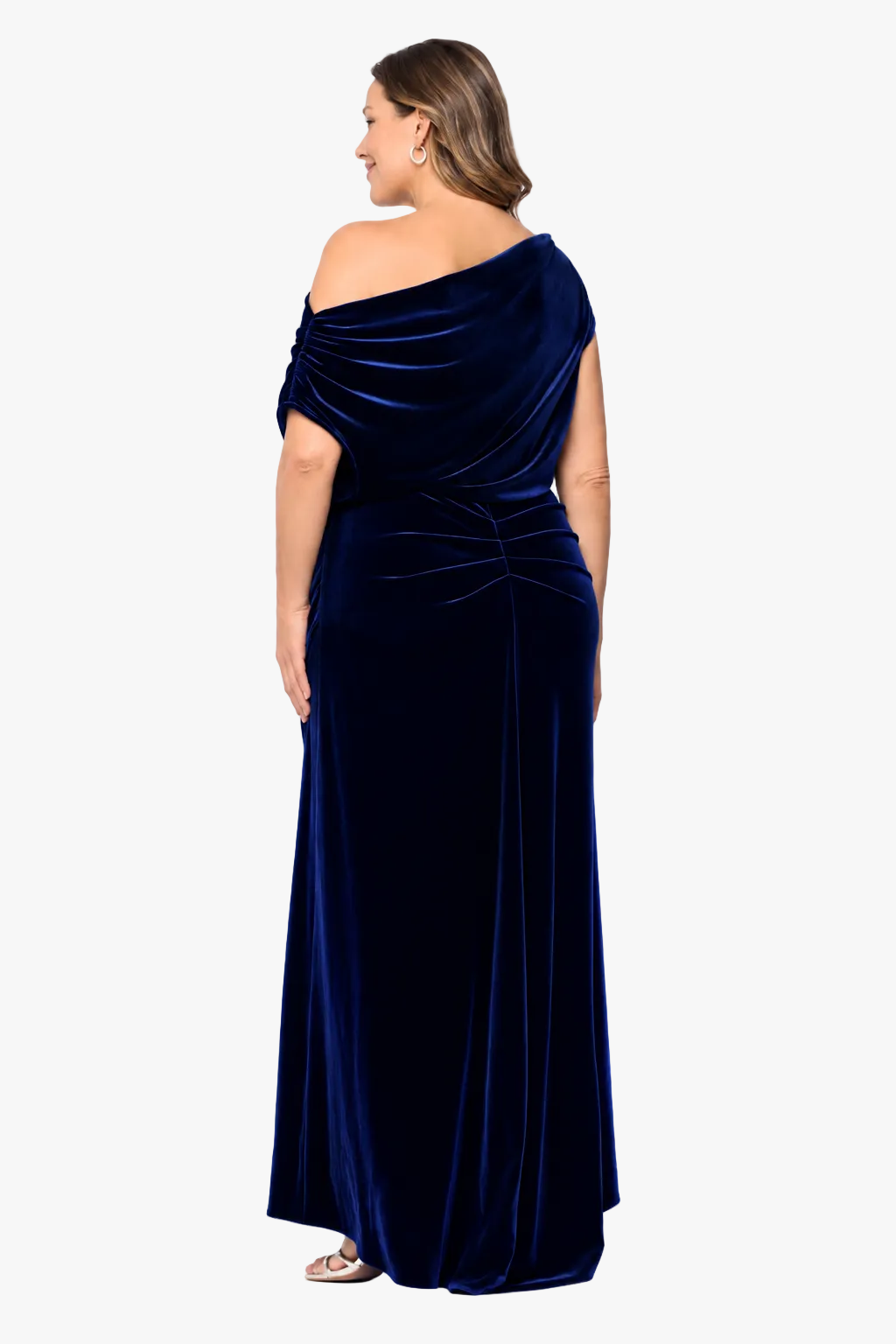 Plus "Evie" Velvet Off The Shoulder Asymmetrical Dress - Navy | Betsy & Adam