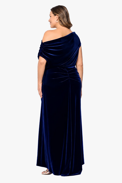 Plus "Evie" Velvet Off The Shoulder Asymmetrical Dress - Navy | Betsy & Adam
