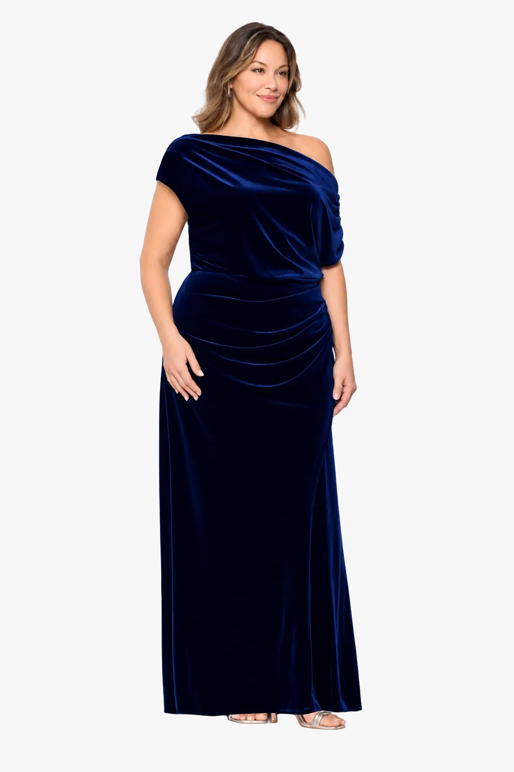 Plus "Evie" Velvet Off The Shoulder Asymmetrical Dress - Navy | Betsy & Adam