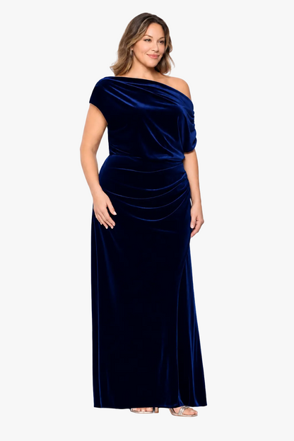 Plus "Evie" Velvet Off The Shoulder Asymmetrical Dress - Navy | Betsy & Adam