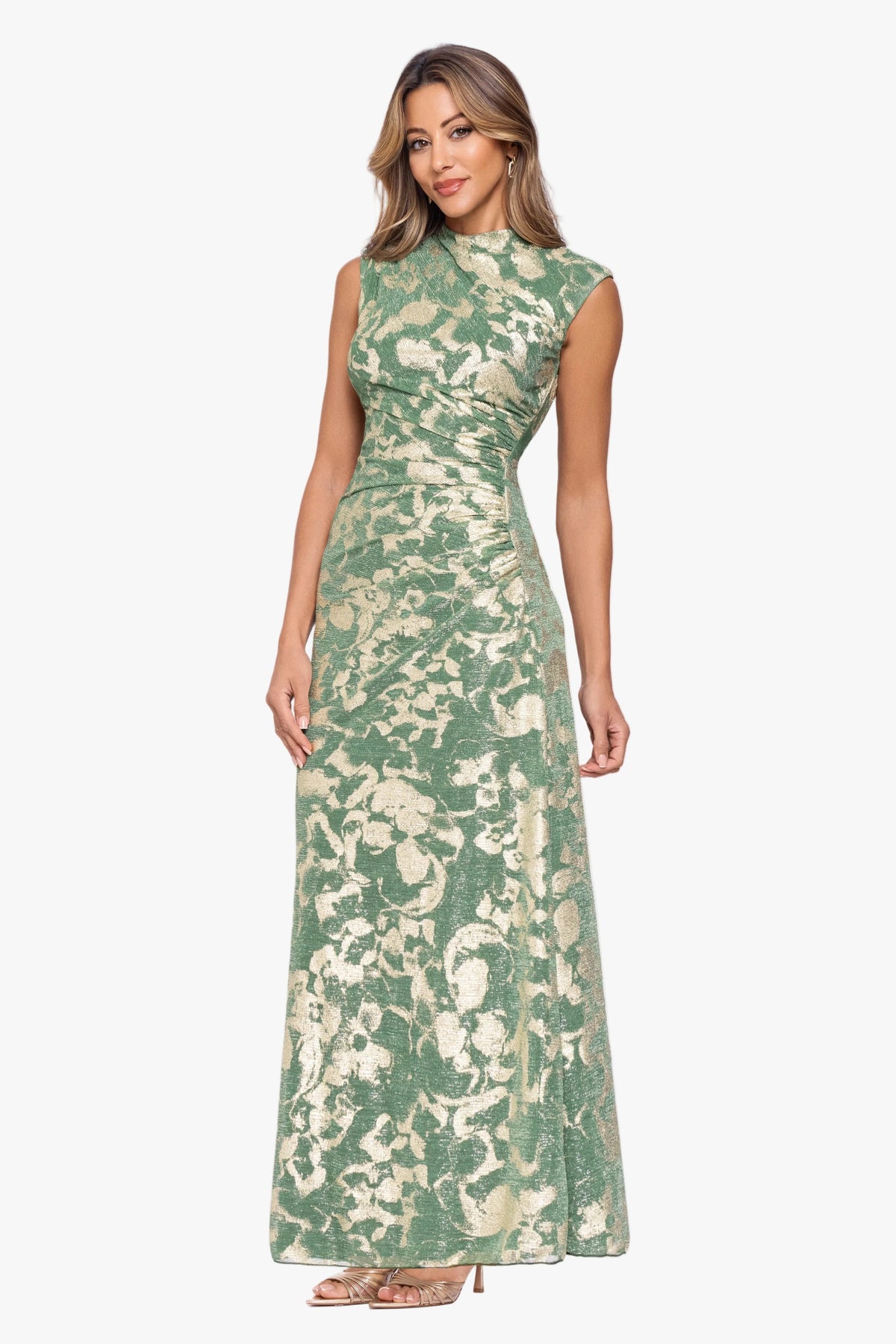 Petite "Cory" Metallic Print Ruched Dress - Matcha/Gold | Betsy & Adam