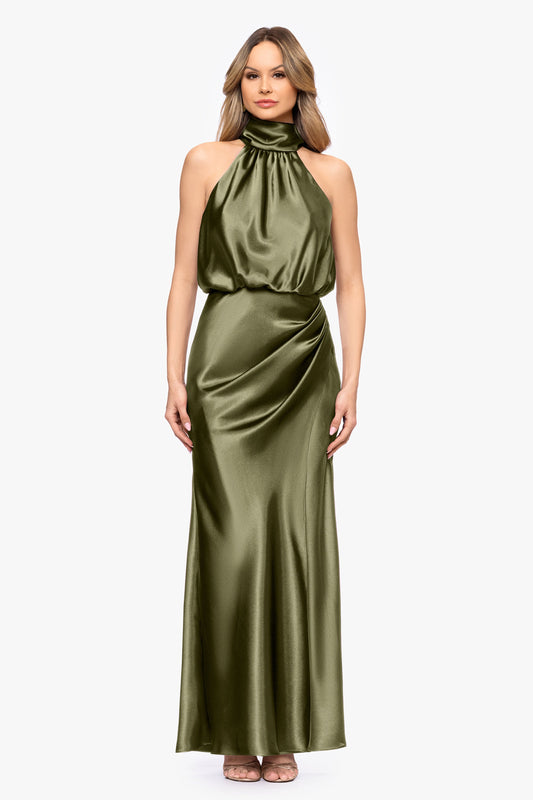 Petite "Tara" Satin Tie Neck Dress - Olive | Betsy & Adam