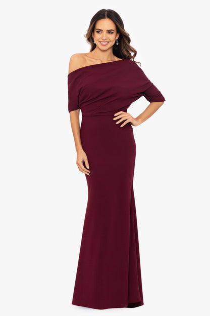“Madeline” Scuba Crepe Off The Shoulder Dress - Bordeaux | Betsy & Adam