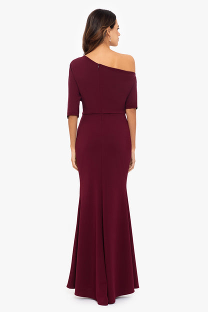 “Madeline” Scuba Crepe Off The Shoulder Dress - Bordeaux | Betsy & Adam