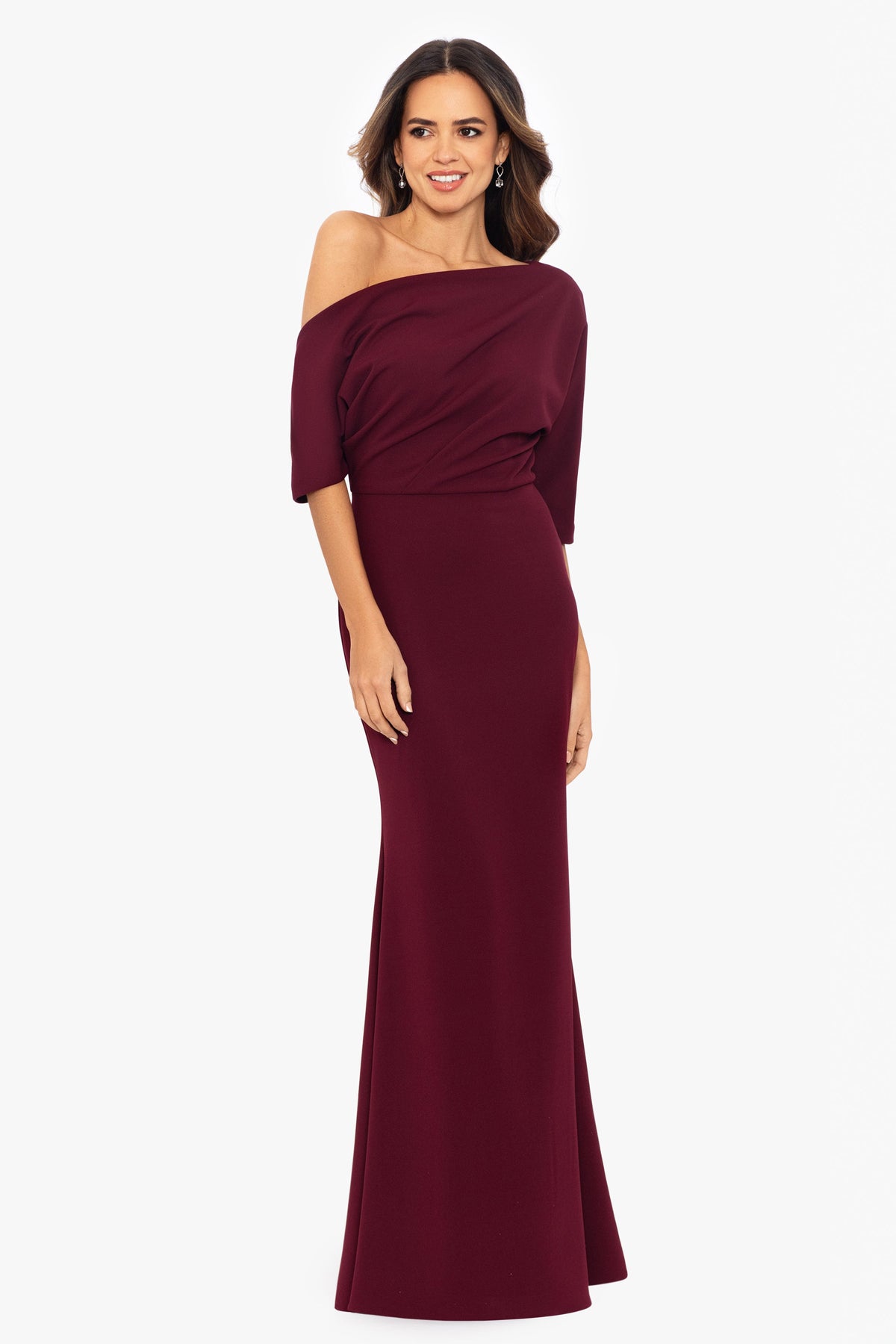 “Madeline” Scuba Crepe Off The Shoulder Dress - Bordeaux | Betsy & Adam