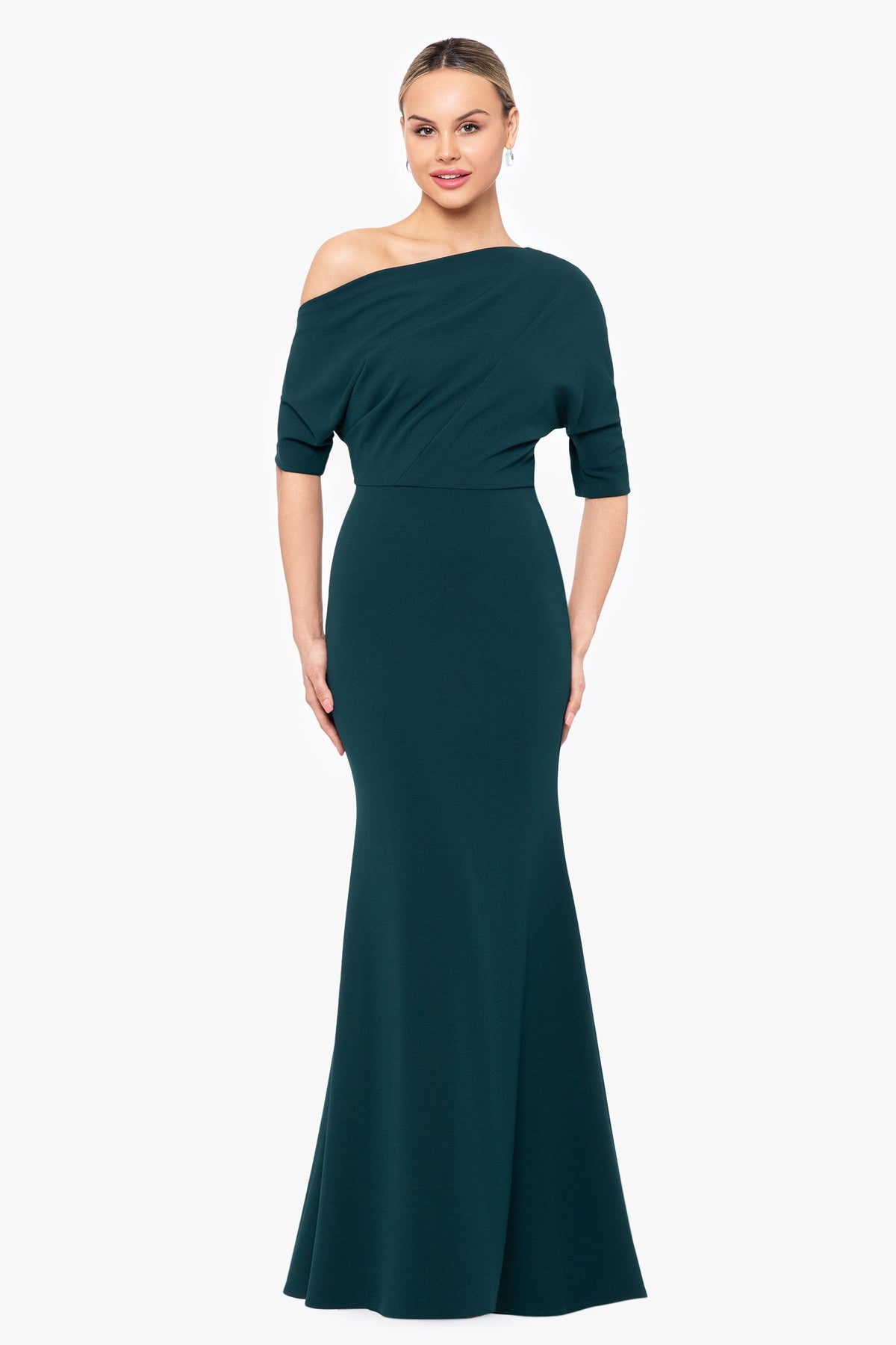 “Madeline” Scuba Crepe Off The Shoulder Dress - Bordeaux | Betsy & Adam