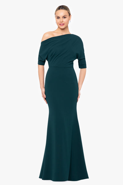“Madeline” Scuba Crepe Off The Shoulder Dress - Bordeaux | Betsy & Adam