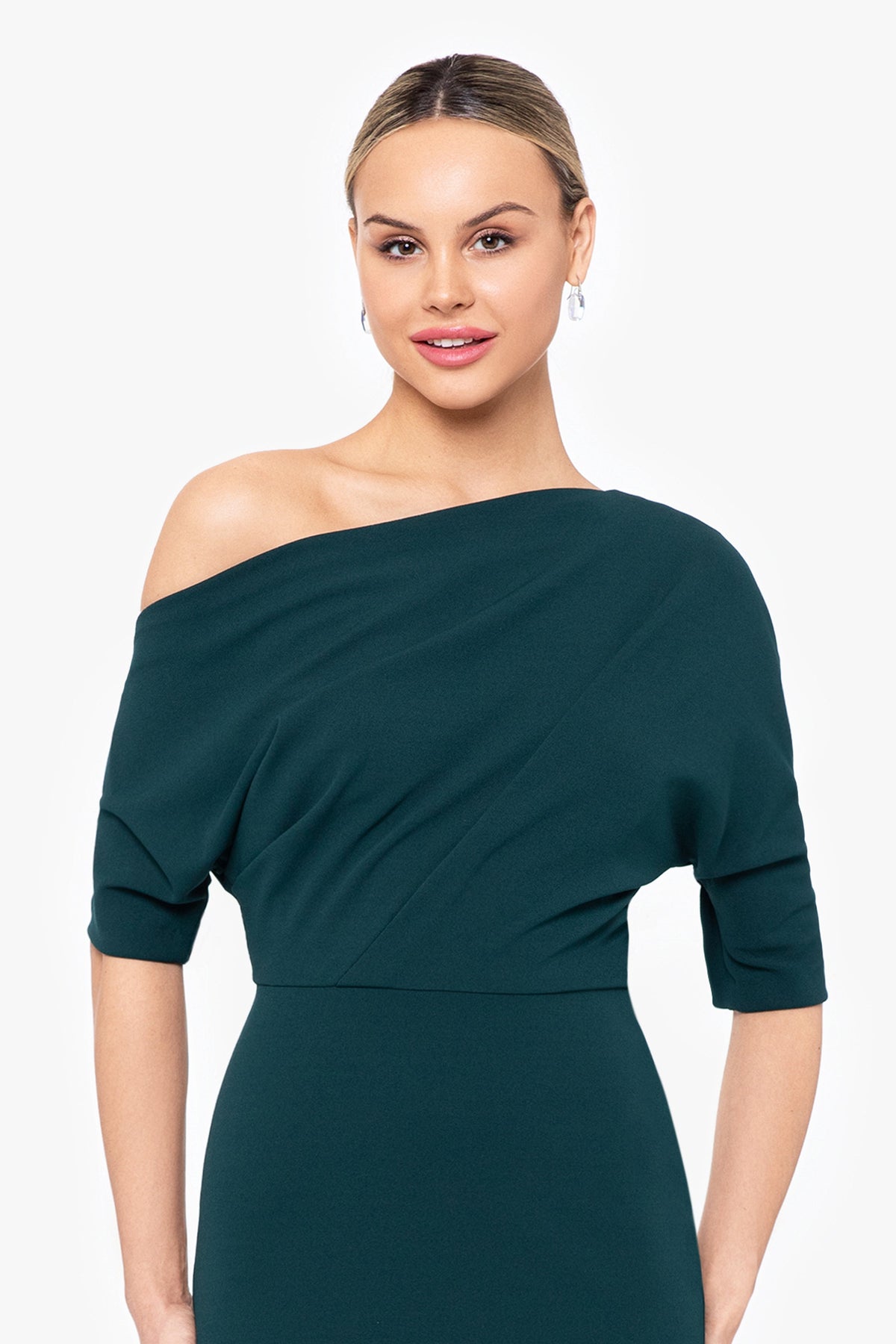 “Madeline” Scuba Crepe Off The Shoulder Dress - Bordeaux | Betsy & Adam
