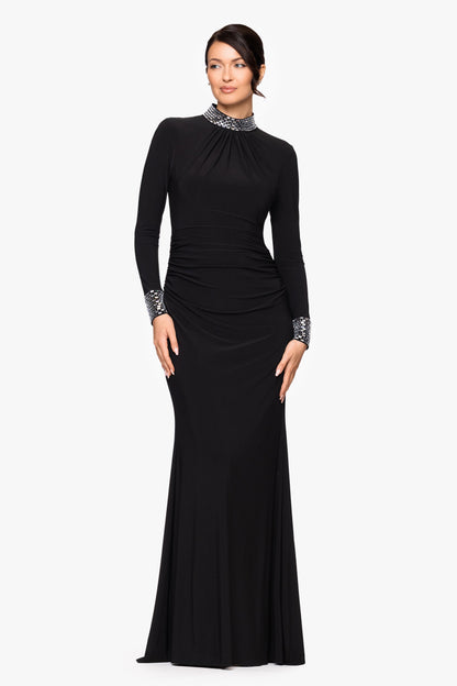 Petite "Imani" Jersey Knit Long Sleeve Beaded Mock Neck Dress - Black/Silver | Betsy & Adam