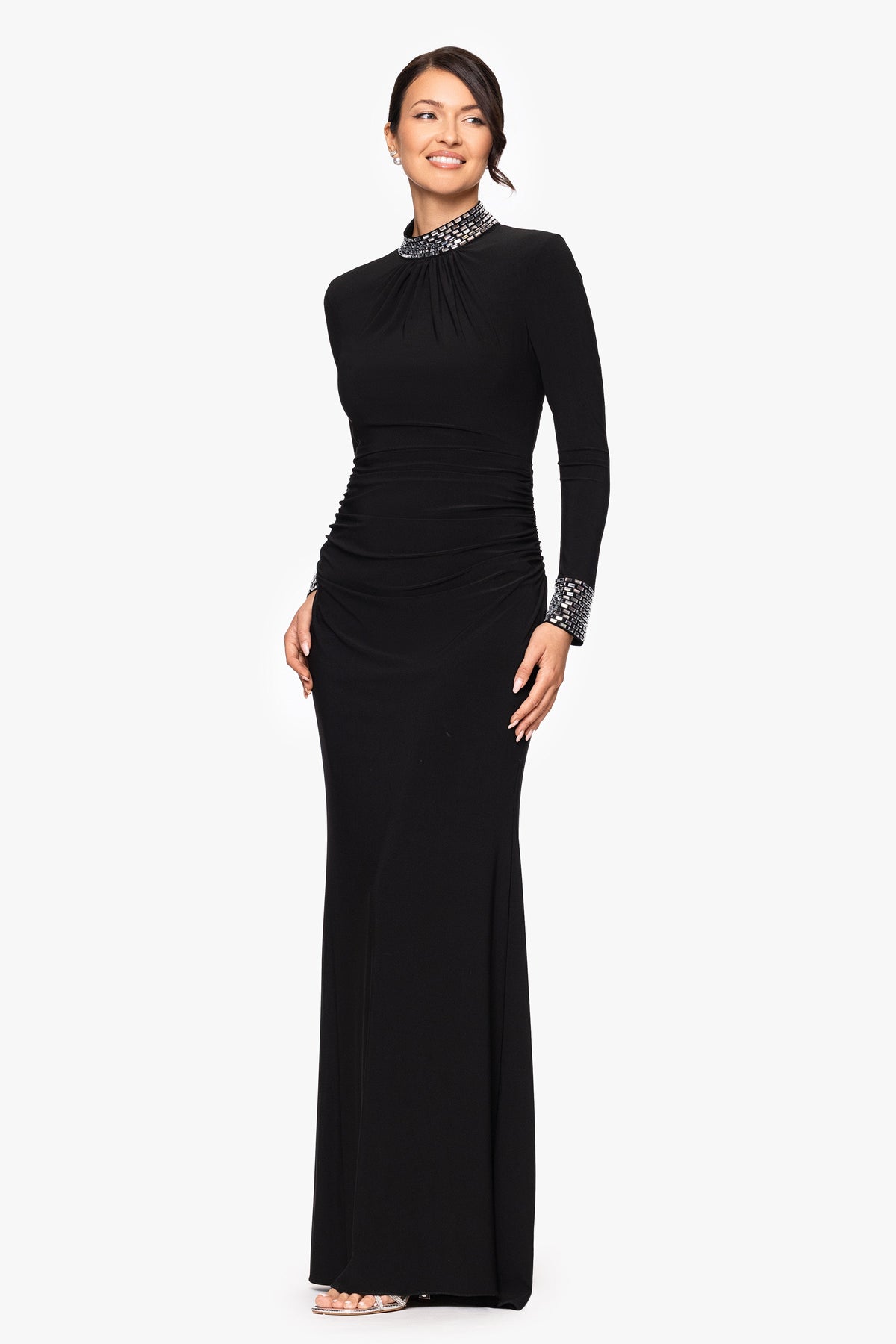 Petite "Imani" Jersey Knit Long Sleeve Beaded Mock Neck Dress - Black/Silver | Betsy & Adam