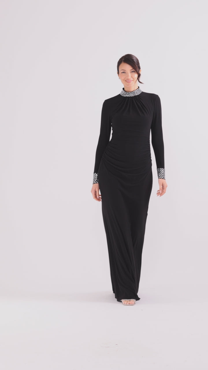 Petite "Imani" Jersey Knit Long Sleeve Beaded Mock Neck Dress - Black/Silver | Betsy & Adam