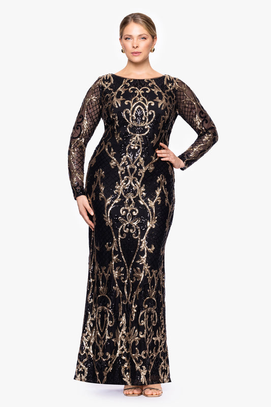 Plus "Sawyer" Sequin Long Sleeve Dress - Black/Gold | Betsy & Adam