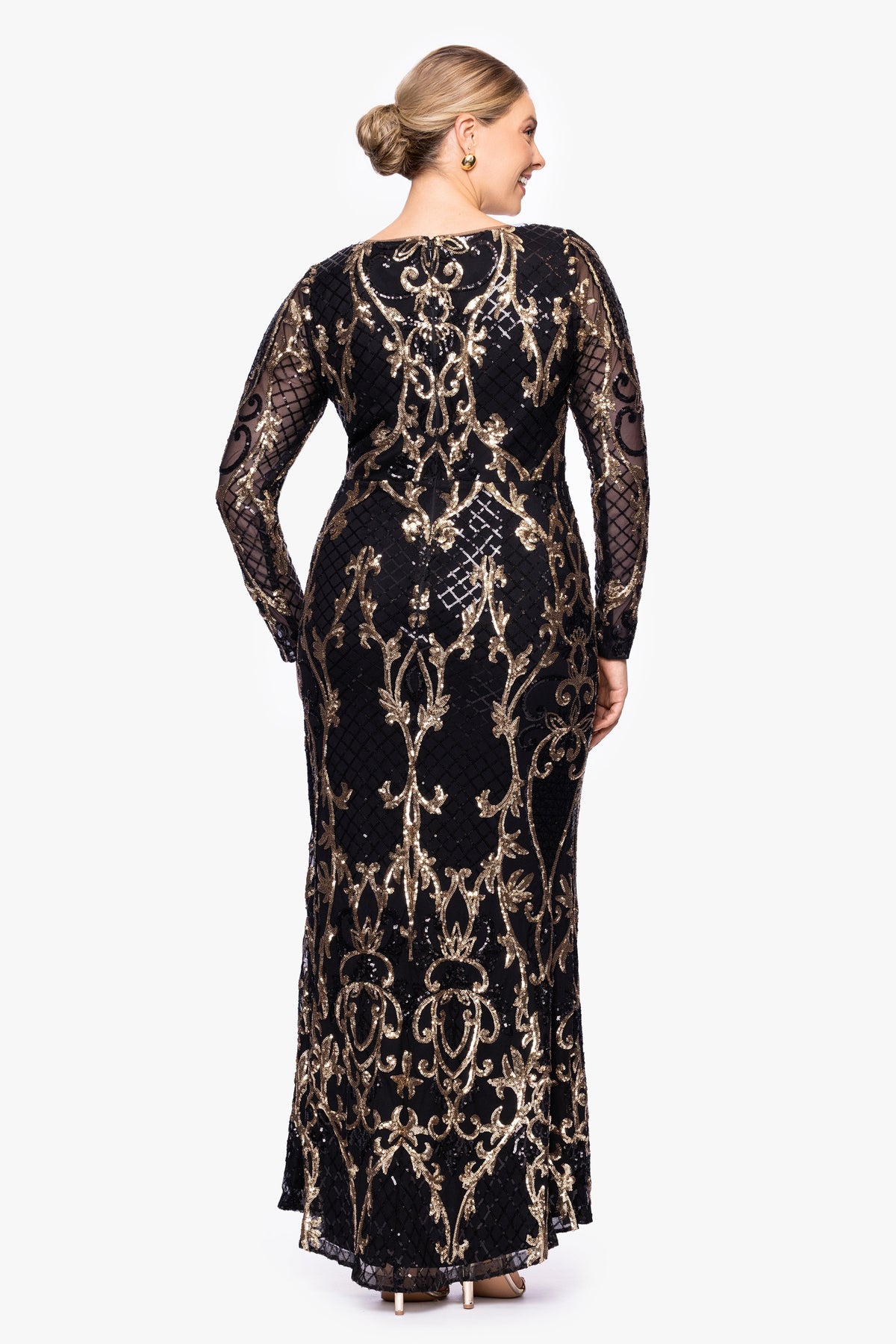 Plus "Sawyer" Sequin Long Sleeve Dress - Black/Gold | Betsy & Adam