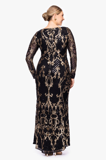 Plus "Sawyer" Sequin Long Sleeve Dress - Black/Gold | Betsy & Adam