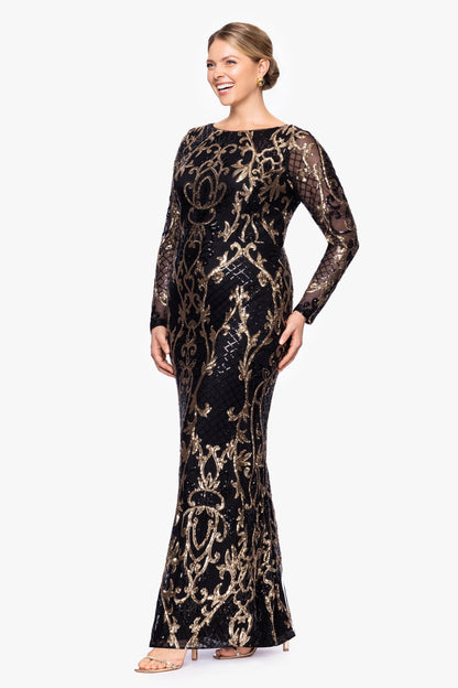 Plus "Sawyer" Sequin Long Sleeve Dress - Black/Gold | Betsy & Adam