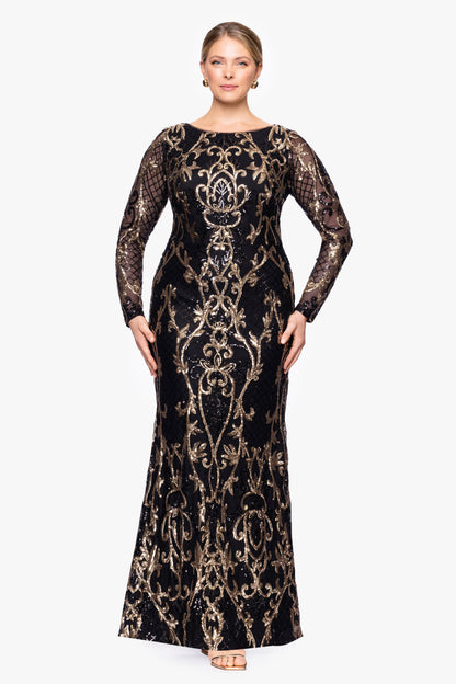 Plus "Sawyer" Sequin Long Sleeve Dress - Black/Gold | Betsy & Adam