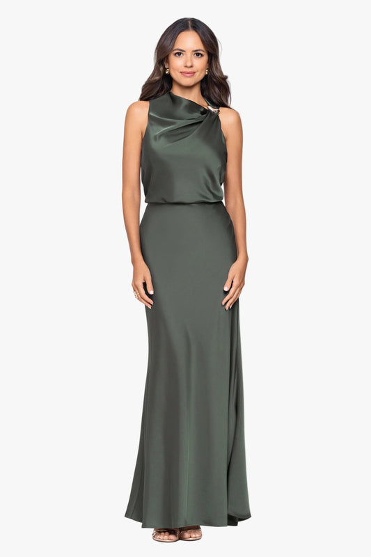 Petite "Colette" Satin Ruched Trim Dress - Hunter | Betsy & Adam