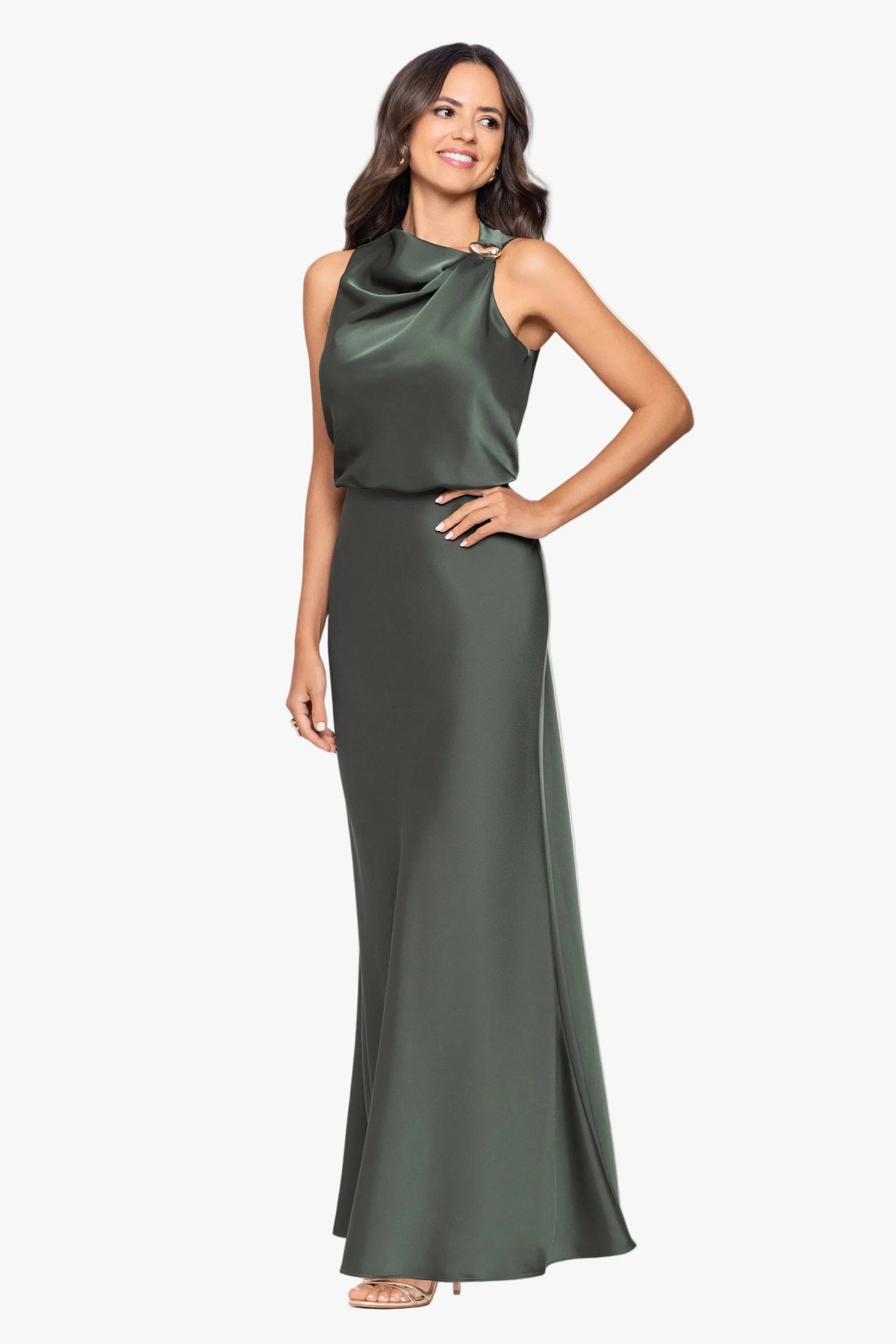 Petite "Colette" Satin Ruched Trim Dress - Hunter | Betsy & Adam