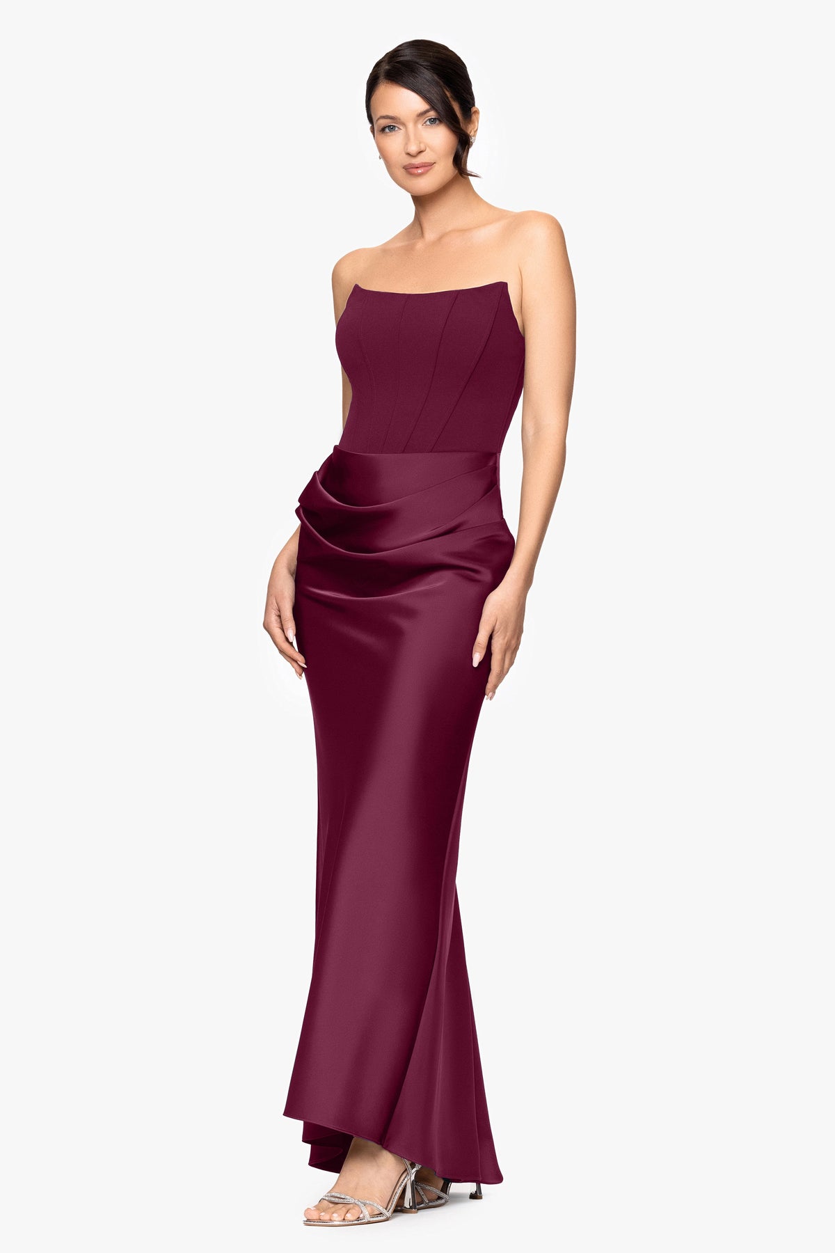 "Debra" Scuba Crepe & Satin Strapless Dress - Wine | Betsy & Adam