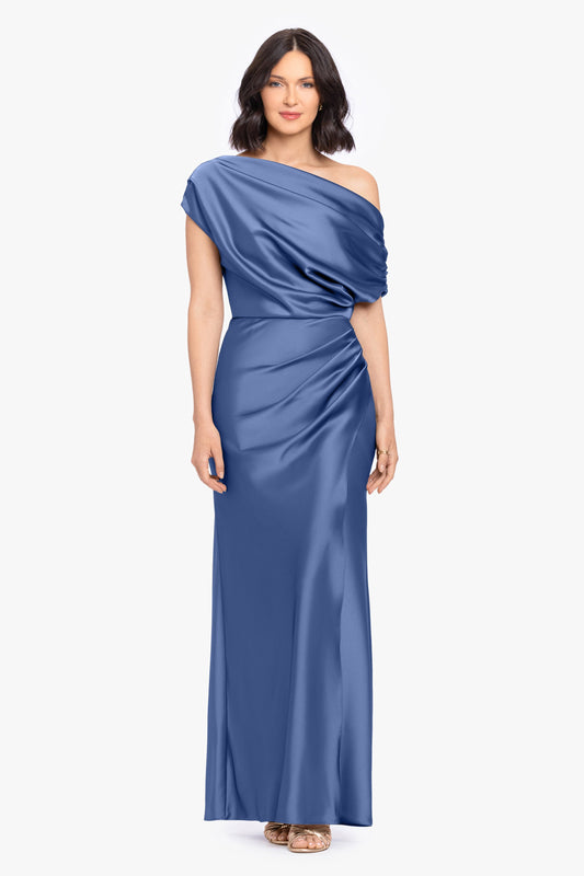 “Hailey” Double Faced Satin Off The Shoulder Ruched Dress - Slate | Betsy & Adam